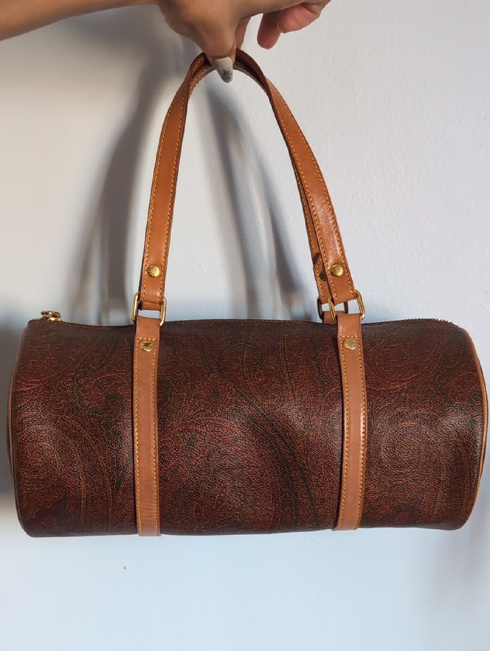 SOLD****ETRO Milano Classic Paisley Prints Brown Leather Barrel Bag